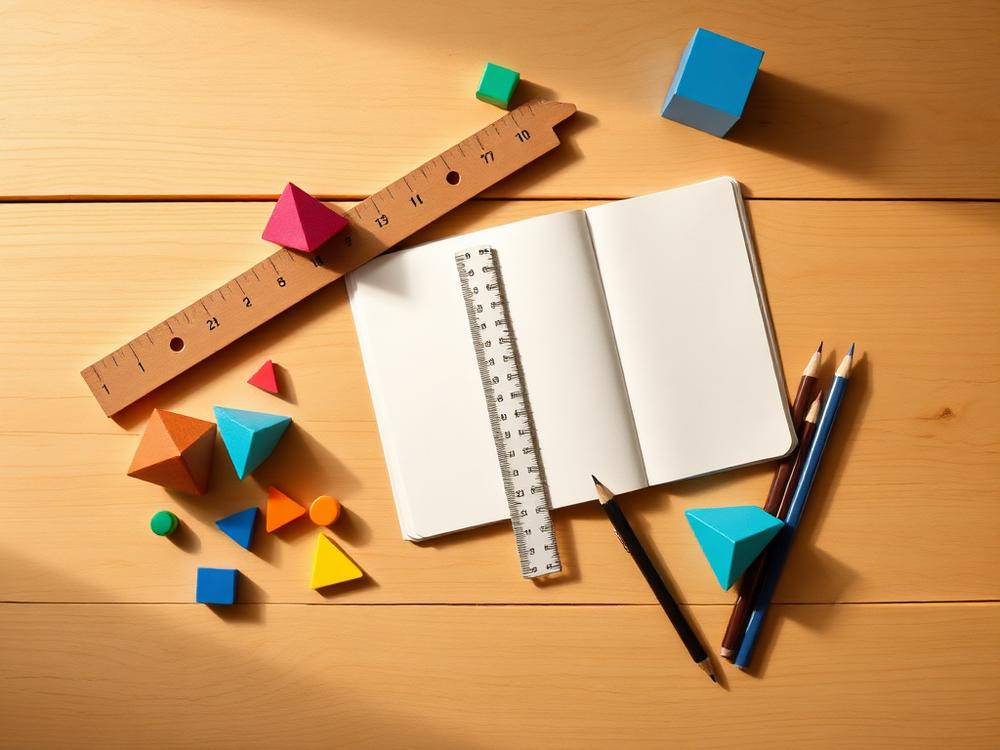 Tanulást segítő geometriai formák, vonalzó és füzet az asztalon